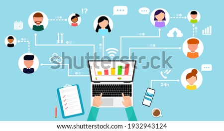 Businessman connecting online and working same project. Online meeting. New normal lifestyle. Social distancing concept. Top view of people working with computer at the work desk. Vector illustration.