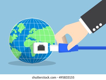 Businessman connecting plug into the world, global communication and internet concept.