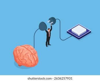 businessman connects a human brain to a computer chip with power plugs, symbolizing the integration of human intelligence with AI and technological advancement isometric 3d vector illustration