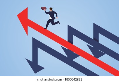 Businessman conquering adversity to stand out from among the falling arrows, go forward, business concept illustration