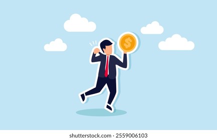 A businessman consciously pulls his own shirt while holding a dollar coin, illustration of self-awareness in restraining selfishness when seeking profit