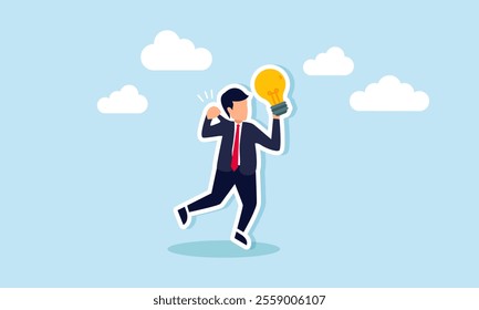 A businessman consciously pulls his own shirt while holding a lamp, illustration of self-awareness in restraining selfishness when applying business ideas and innovations