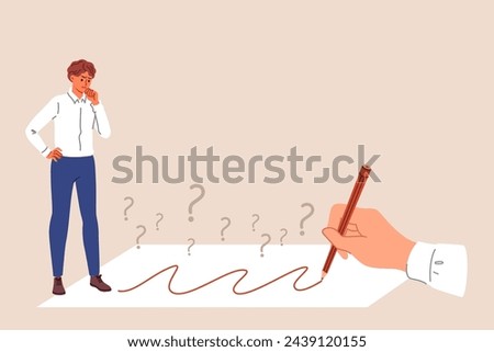 Businessman is considering correctness of proposed solution and path that is drawn by large hand with pencil. Business guy asking questions in search of best solution to get out of difficult situation