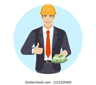 Businessman in construction helmet with cash mone showing thumb up. Portrait of businessman in a flat style. Vector illustration.