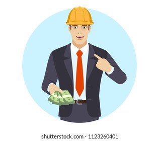 Businessman In Construction Helmet  With Cash Money Pointing The Finger At Yourself. Self-promotion. Portrait Of Businessman In A Flat Style. Vector Illustration.