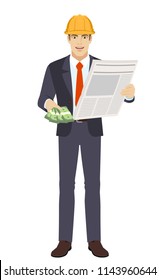 Businessman in construction helmet with cash money and newspaper. Full length portrait of businessman in a flat style. Vector illustration.