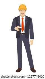Businessman in construction helmet gives a business card. Full length portrait of businessman in a flat style. Vector illustration.