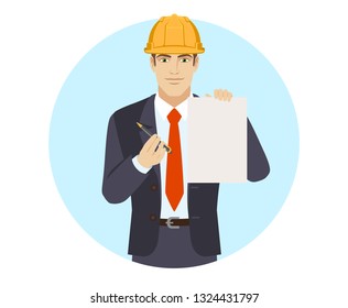 Businessman in construction helmet giving pen for your signature on paper. Portrait of businessman in a flat style. Vector illustration.