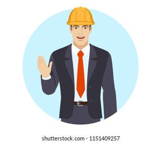 Businessman in construction helmet greeting someone with his hand raised up. Portrait of businessman in a flat style. Vector illustration.