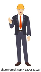 Businessman in construction helmet greeting someone with his hand raised up. Full length portrait of businessman in a flat style. Vector illustration.