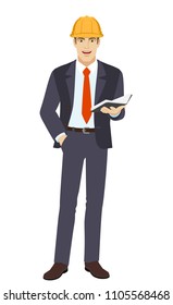 Businessman in construction helmet with hand in pocket holding book. Full length portrait of businessman character in a flat style. Vector illustration.
