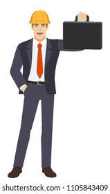 Businessman in construction helmet with hand in pocket holding briefcase. Full length portrait of businessman character in a flat style. Vector illustration.