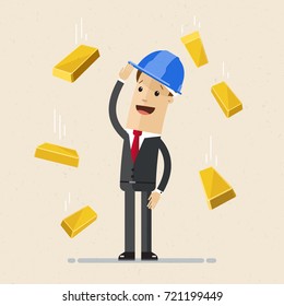 Businessman with a construction helmet in head and gold bars are falling on him. Vector, illustration, flat