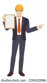 Businessman in construction helmet holding the clipboard and pointing something beside of him