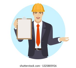 Businessman in construction helmet holding the clipboard and gesturing. Portrait of businessman in a flat style. Vector illustration.