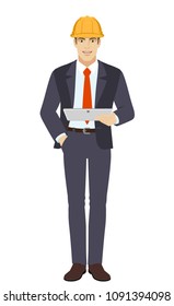 Businessman in construction helmet holding digital tablet PC. Full length portrait of businessman in a flat style. Vector illustration.