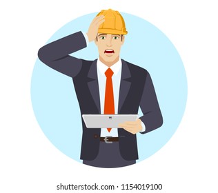 Businessman in construction helmet holding digital tablet PC and grabbed his head. Portrait of businessman in a flat style. Vector illustration.