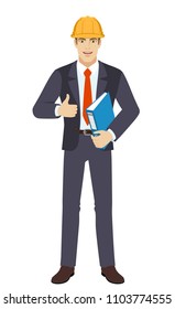 Businessman in construction helmet holding a folder and showing thumb. Full length portrait of businessman character in a flat style. Vector illustration.