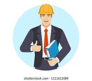 Businessman in construction helmet holding a folder and showing thumb. Portrait of businessman in a flat style. Vector illustration.