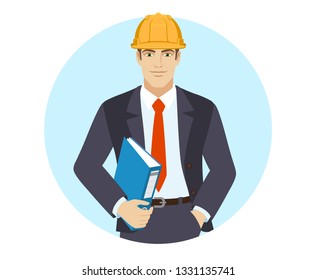 Businessman in construction helmet  holding a folder. Portrait of businessman in a flat style. Vector illustration.