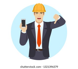 Businessman in construction helmet holding a mobile phone and  showing thumb down gesture as rejection symbol. Portrait of businessman in a flat style. Vector illustration.