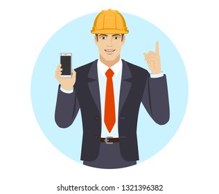 Businessman in construction helmet holding mobile phone and pointing up. Portrait of businessman in a flat style. Vector illustration.