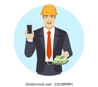 Businessman in construction helmet holding mobile phone and showing a money. Portrait of businessman in a flat style. Vector illustration.