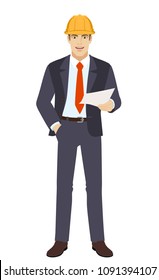 Businessman in construction helmet holding a paper. Full length portrait of businessman in a flat style. Vector illustration.