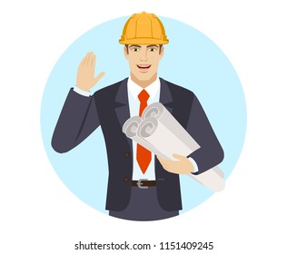 Businessman in construction helmet holding the project plans and greeting someone with his hand raised up. Portrait of businessman in a flat style. Vector illustration.