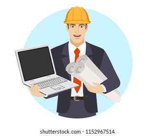 Businessman in construction helmet holding the project plans and holding laptop notebook. Portrait of businessman in a flat style. Vector illustration.