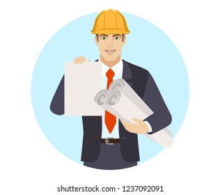 Businessman in construction helmet holding the project plans and showing paper. Portrait of businessman in a flat style. Vector illustration.