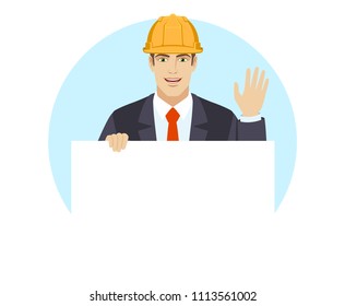 Businessman in construction helmet holding white blank poster and greeting someone with his hand raised up. Portrait of businessman in a flat style. Vector illustration.