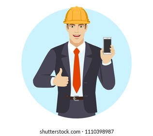 Businessman in construction helmet with mobile phone showing thumb up. Portrait of businessman in a flat style. Vector illustration.