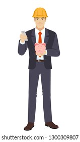Businessman in construction helmet with mobile phone and piggy bank. Full length portrait of businessman in a flat style. Vector illustration.