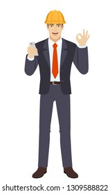 Businessman in construction helmet with mobile phone showing a okay hand sign. Full length portrait of businessman in a flat style. Vector illustration.