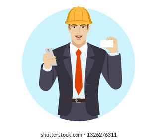 Businessman in construction helmet with mobile phone showing the business card. Portrait of businessman in a flat style. Vector illustration.