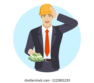 Businessman in construction helmet with money grabbed his head. Portrait of businessman in a flat style. Vector illustration.