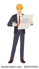 Businessman in construction helmet with newspaper showing thumb up. Full length portrait of businessman character in a flat style. Vector illustration.