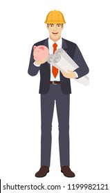 Businessman in construction helmet with piggy bank holding the project plans. Full length portrait of businessman character in a flat style. Vector illustration.