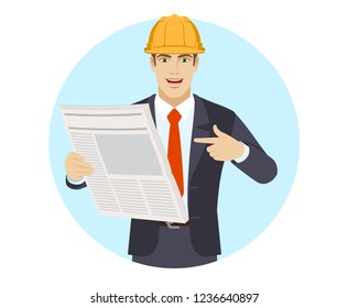 Businessman in construction helmet pointing at a newspaper. Portrait of businessman in a flat style. Vector illustration.