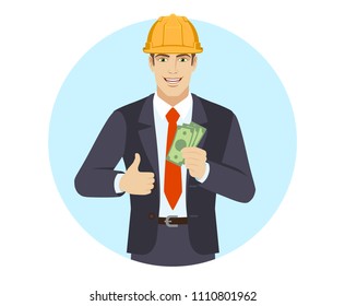 Businessman in construction helmet showing thumb up with cash money. Portrait of businessman in a flat style. Vector illustration.