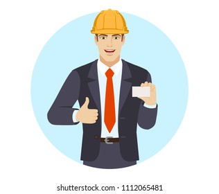 Businessman in construction helmet showing thumb up and showing the business card. Portrait of businessman in a flat style. Vector illustration.