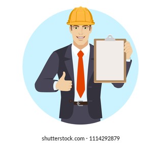 Businessman in construction helmet showing thumb up and holding clipboard. Portrait of businessman in a flat style. Vector illustration.