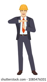 Businessman in construction helmet showing time-out sign with hands. Body language. Full length portrait of businessman character in a flat style. Vector illustration.