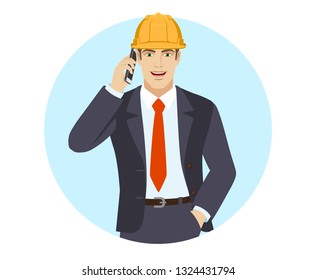 Businessman in construction helmet talking on the phone. Portrait of businessman in a flat style. Vector illustration. - Powered by Shutterstock - Get 15% off with code: PIKWIZARD15