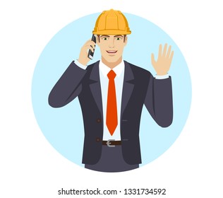 Businessman in construction helmet talking on the mobile phone and greeting someone with his hand raised up. Portrait of businessman in a flat style. Vector illustration.