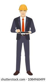 Businessman in construction helmet using digital tablet PC. Full length portrait of businessman character in a flat style. Vector illustration.
