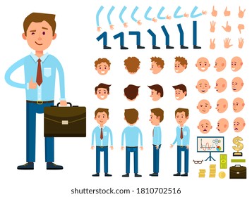 Businessman constructor. Different office worker or clerk emotion, posture and hand gesture kit illustration body part on isolated white. Vector businessman showing thumbs-up, winking. Constructor set