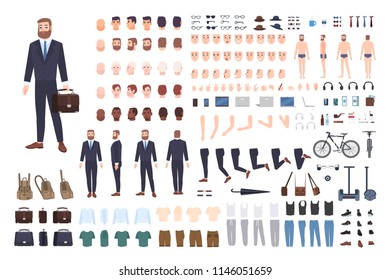 Businessman constructor or DIY kit. Set of male office worker or clerk body parts, postures, clothing isolated on white background. Front, side and back views. Flat cartoon vector illustration