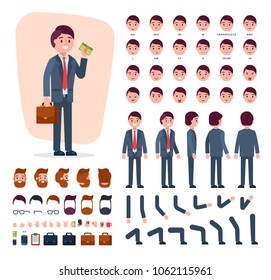 Businessman constructor vector creation of male character with manlike hairstyle head and face emotions illustration set of mans body with hands legs isolated on white background